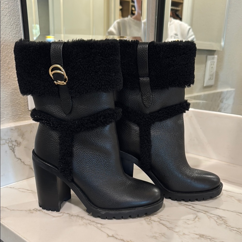 Black Fur-Trimmed COACH Ankle Boots
